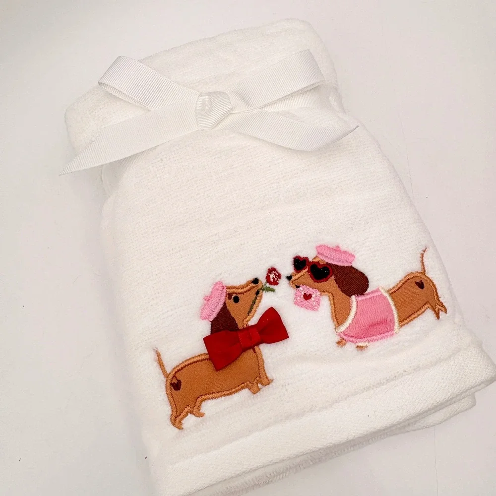 Kassafina Home Collection Set of 2 White Dachshund Dog‎ Valentine Hand Towels